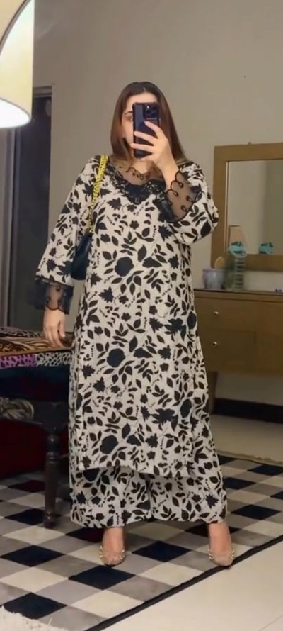 Monochrome Charm – 2PC Lawn Suit with Organza Embroidered details